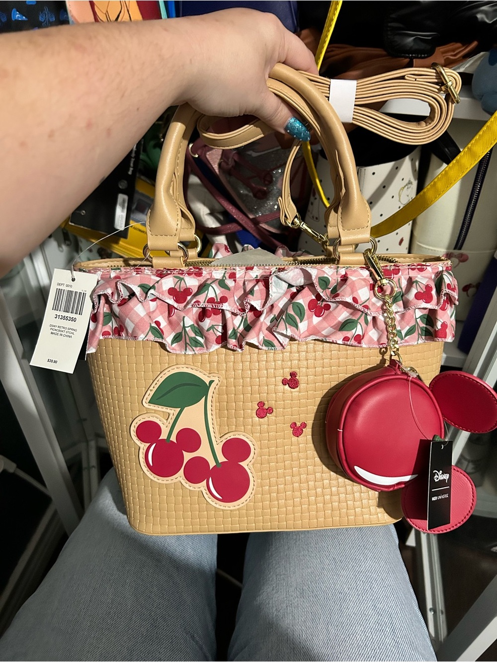 Disney Tan Woven Satchel with Red Cherry Accents